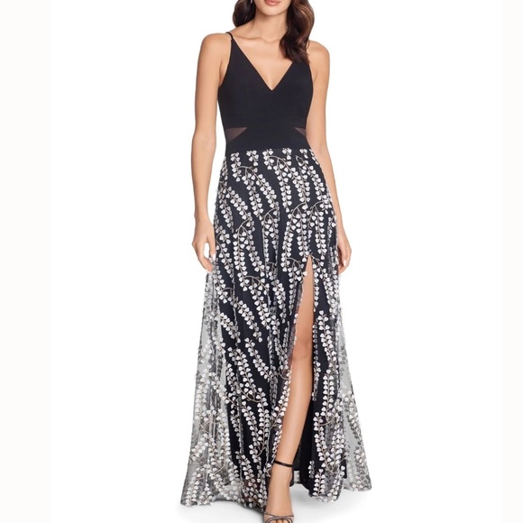 Xscape -  Mesh Inset Floral Embroidered Skirt Gown - Picture 1 of 13